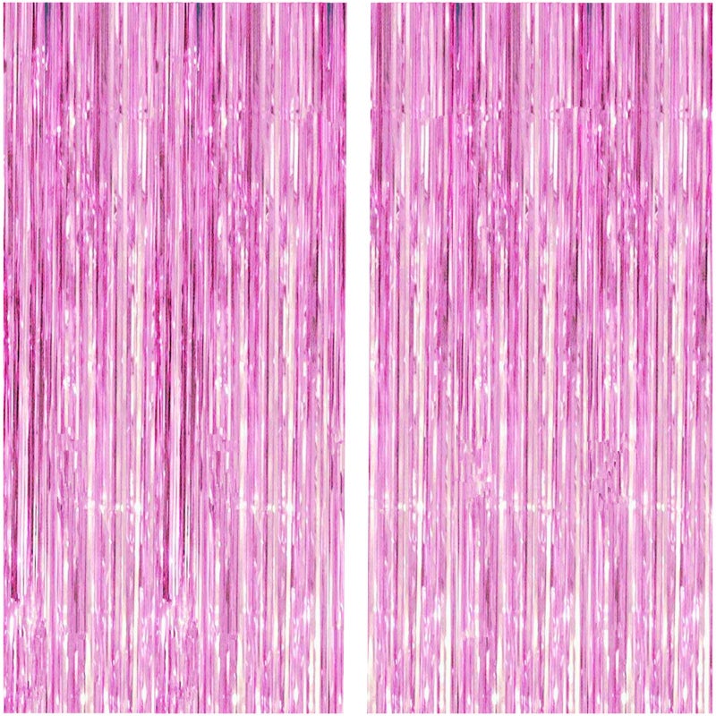 i-CHONY 2 Pcs 3.2ft x 8.2ft Shiny Pink Metallic Tinsel Foil Fringe Curtains Photo Booth Pink Backdrop for Birthday Wedding Bridal Shower Baby Shower Bachelorette Party Decorations - Image 1